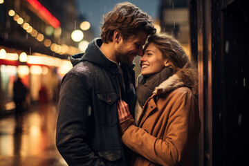 Fototapeta premium Lifestyles, relationship and multicultural concept. Happy young and beautiful couple walking in city. Joyful mood. Cityscape in background. Autumn weather. Generative AI