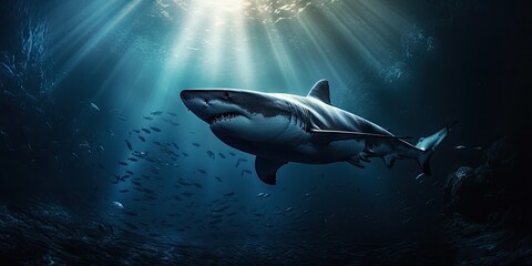 scary great white shark swimming underwater in its natural habitat - obrazy, fototapety, plakaty