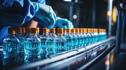 person wearing a blue suit carefully handles medicine vials while working on a production line