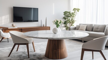 Marmer dining table in a modern living room is enhanced by the presence of a vase of flowers