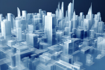 Abstract 3d cityscape view makes of transparent light blue buildings, AI generated
