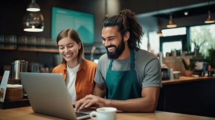 Happy young workers, shop owners preparing listings using a laptop together in their shop