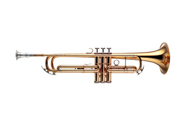 Obraz premium Vintage brass trumpet side view, golden metal wind instrument, classic jazz band trumpet for music design and posters isolated on Transparent Background