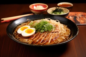 shoyu ramen with chopsticks on a bamboo mat