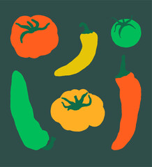 Tomato and pepper illustration. Set of hand-drawn flat vector vegetables. Kitchen poster