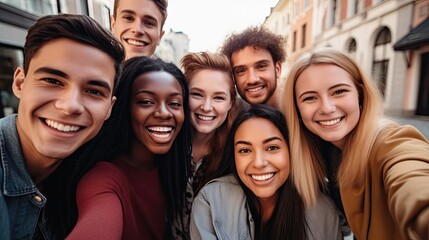 Obraz premium A cheerful group of friends,representing diverse ethnicities,smiling and posing together for selfie