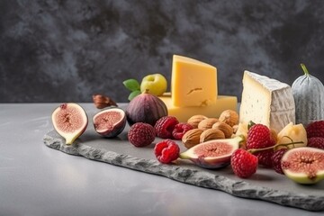 Collection of various cheeses on a marble board served with raspberries and figs. Generative AI