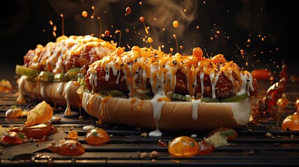 delicious hot dog smothered, savory sauce,topped with a colorful array of mouthwatering ingredients