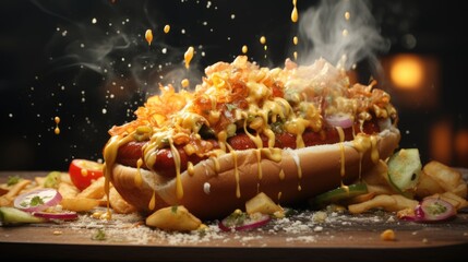 delicious hot dog smothered, savory sauce,topped with a colorful array of mouthwatering ingredients - obrazy, fototapety, plakaty