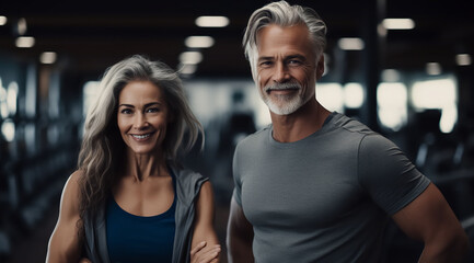 Beautiful mature man and woman with gray hair in the gym
