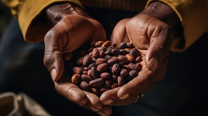 close-up of a elder's hands holding grains of collected coffee, working at the rural - obrazy, fototapety, plakaty