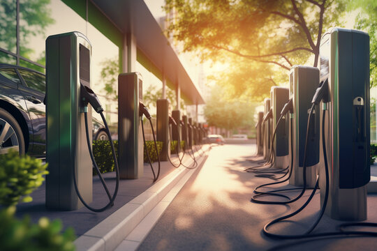 Row of charging station for EV electronic car set up on the parking lot. Green energy concept. 3d rendering. 