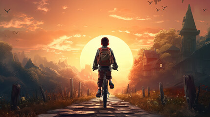 A child boy riding a bicycle goes to school in the morning