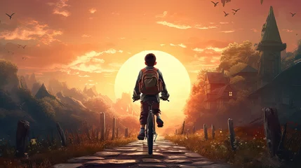 Foto op Canvas A child boy riding a bicycle goes to school in the morning © Sasint