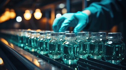 A worker in a blue suit is assembling pharma vials on a production line - obrazy, fototapety, plakaty