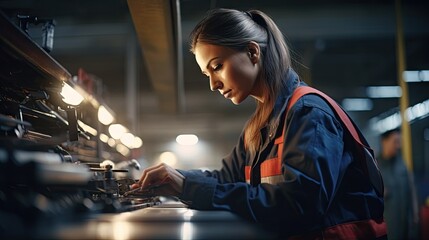 A woman wearing a uniform working on a machine in an industrial environment.