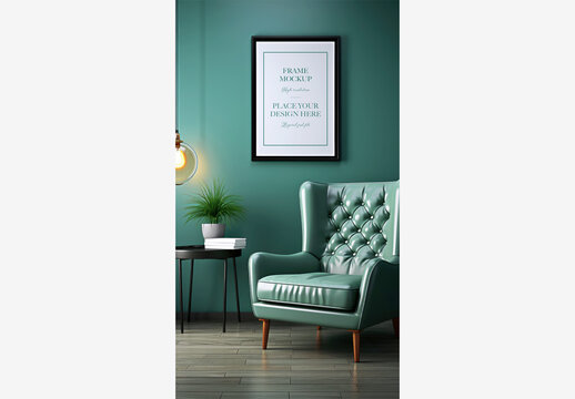 Frame Mockup: Green Chair and Table with Picture Frame, Plant, and Lamp in Room - Perfect for Christmas and New Year Stock Images Frame Mockup Chri