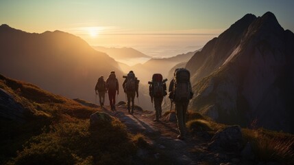 A group of hikers enjoying a beautiful sunset over the mountains.