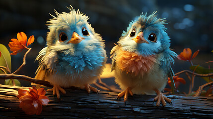 Obraz premium Cartoon illustration, plump, cute and charming birds in different colors each perched on a sturdy branch. 