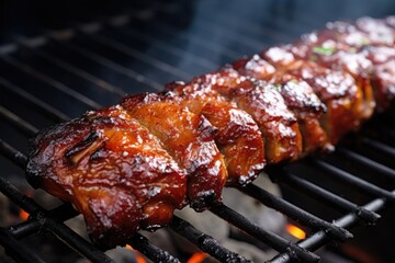 bbq ribs on a bamboo skewer over a grill