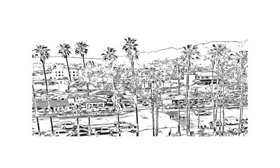 Building view with landmark of Santa Barbara is the city in California. Hand drawn sketch illustration in vector.