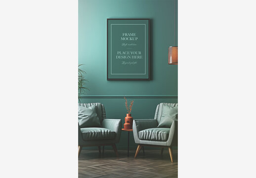 Frame Mockup Christmas New Year: Living Room with Chairs, Table, Potted Plants, and Blank Picture Frame on Wall