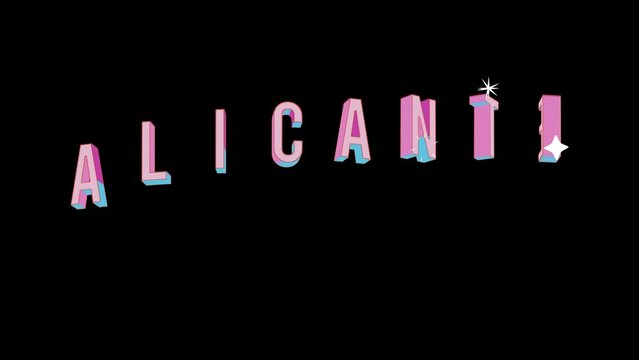 Bright letters jump merrily in the inscription ALICANTE city. Retro. Alpha channel black. Looped from frame 120 to 240, Alpha BW at the end