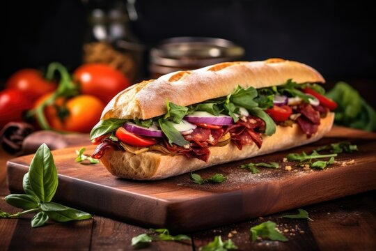 italian hoagie on a stone board with soft lighting