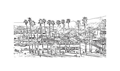 Building view with landmark of Santa Barbara is the city in California. Hand drawn sketch illustration in vector.