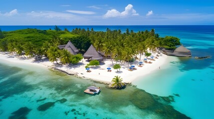 Aerial view of beautiful tropical island with white sand, turquoise water and coconut palm trees.