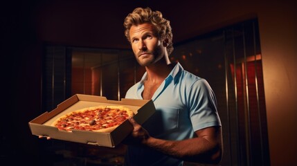 Handsome strong man in a shirt delivering pizza