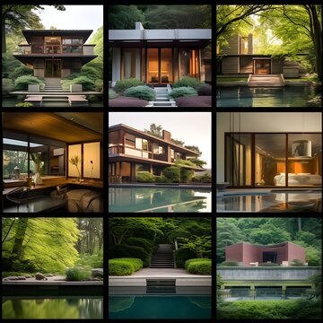 Collage of four photos of a modern luxury house in the garden