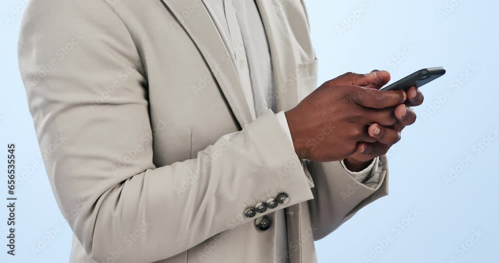Aufkleber Business man, phone text and hands typing from social media and web networking in a studio. Male entrepreneur, professional and app for work with online website post and scroll with blue background