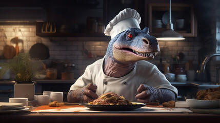 A dino in a chef hat cooking on a table. ai generative - obrazy, fototapety, plakaty
