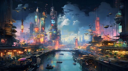 Digital painting of Shanghai skyline at night with urban skyscrapers, China