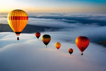 Naklejka premium hot air balloons in differnt color flying above lakes and mountain touching the blue sky and cloud 