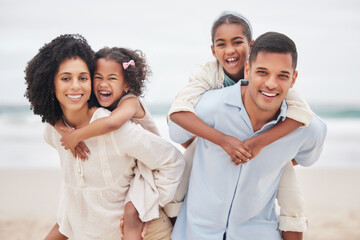 Beach, portrait or parents with happy kids in nature to enjoy a family holiday vacation in New Zealand. Travel, piggy back or father at sea or ocean with mom or children to relax or bond together