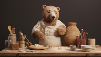 bear with a bowl of dough and whisk. ai generative - obrazy, fototapety, plakaty