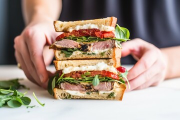 hand holding a grilled tuna steak sandwich