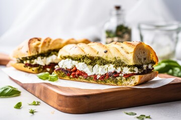 baguette sandwich with pesto, sundried tomato, and goat cheese