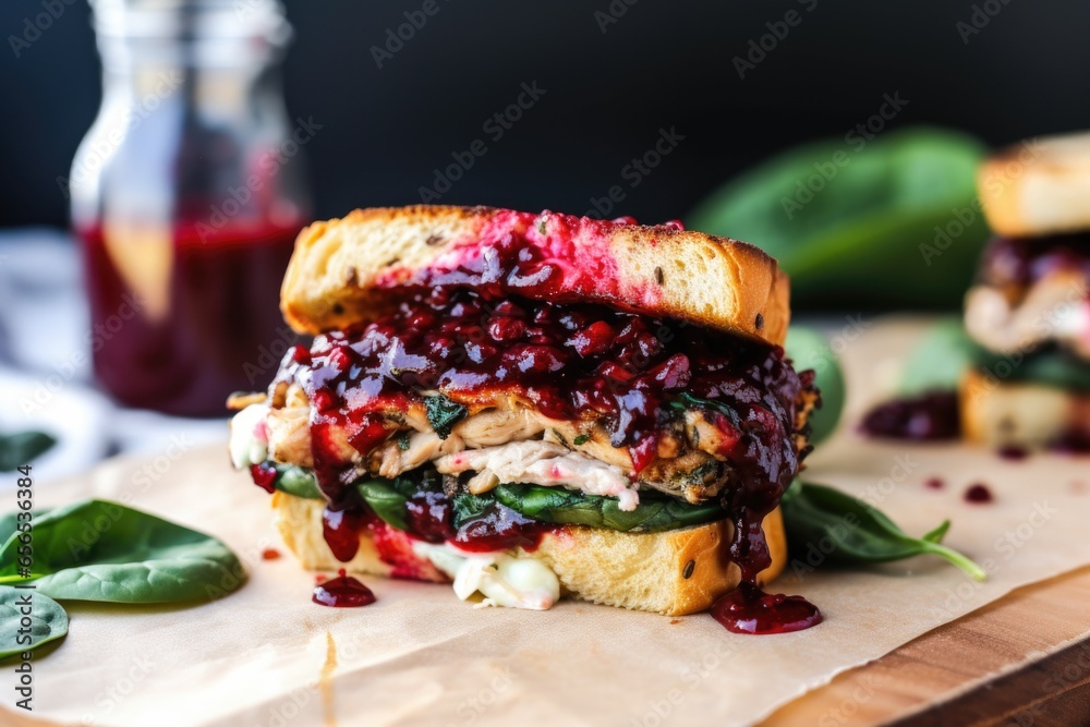 Poster turkey burger with cranberry sauce and spinach