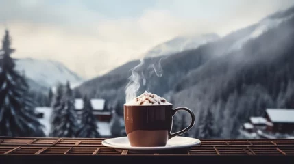 Photo sur Plexiglas Gris Winter drink – hot chocolate or coffee with the cream, spice, cocoa and cinnamon on winter landscape background with snow, forest and mountains.