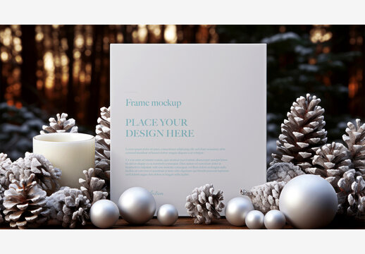 Christmas New Year Frame Mockup: White Card on Table with Candle, Pine Cones, Snow, and Trees - High-Quality Stock Photo Frame Mockup Christmas New