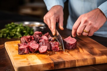 someone using a knife to cut roasted beets on a wooden board - obrazy, fototapety, plakaty