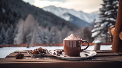 Winter drink – hot chocolate or coffee with the cream, spice, cocoa and cinnamon on winter landscape background with snow, forest and mountains. - obrazy, fototapety, plakaty