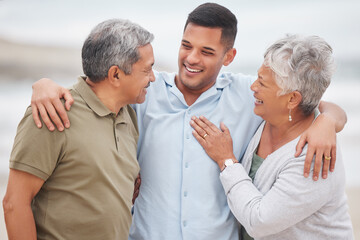 Man, senior parents or laughing at beach for bond, support or love with smile, care or pride in...