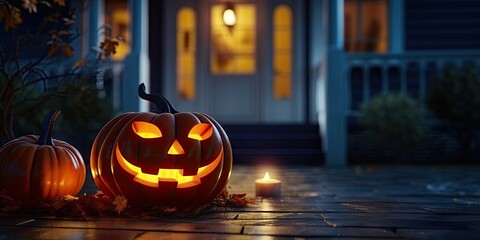 Enchanting halloween. Glowing jack o lantern. Spooky pumpkin lantern with house. October charm. Carved pumpkin grins