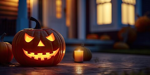 Obraz premium Enchanting halloween. Glowing jack o lantern. Spooky pumpkin lantern with house. October charm. Carved pumpkin grins
