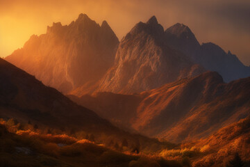 Naklejka premium Golden sunset or sunrise in mountains, beauty in nature. AI generated