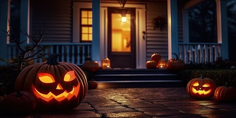 Obraz premium Enchanting halloween. Glowing jack o lantern. Spooky pumpkin lantern with house. October charm. Carved pumpkin grins